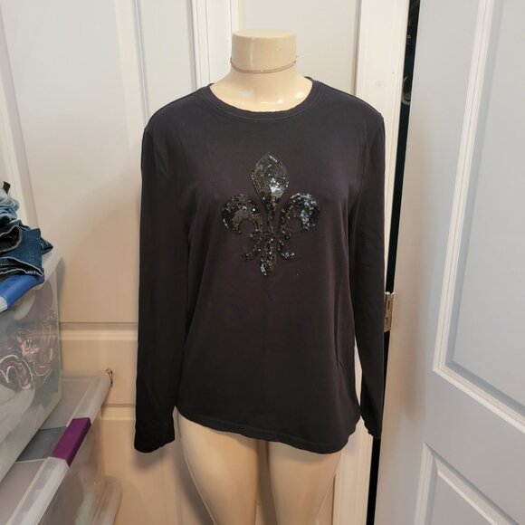TALBOTS Black Cotton Stretch Top Fleur De Lis Sequins Saints Long Sleeve Top - Picture 3 of 8